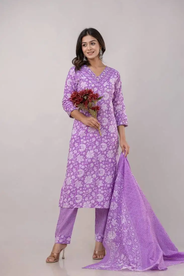 Purple women embroidered floral printed aline kurta pant with dupatta set