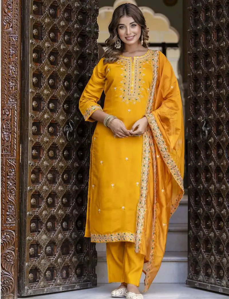 Yellow color silk blended designer embroidery work readymade suit with dupatta