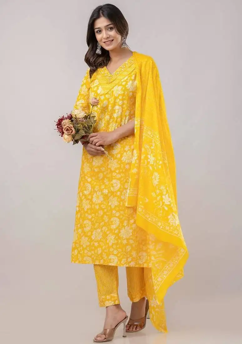Yellow women embroidered floral printed aline kurta pant with dupatta set