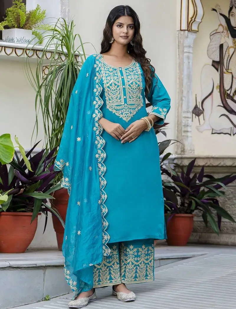 Teal blue color silk blended designer embroidery work readymade suit with dupatta