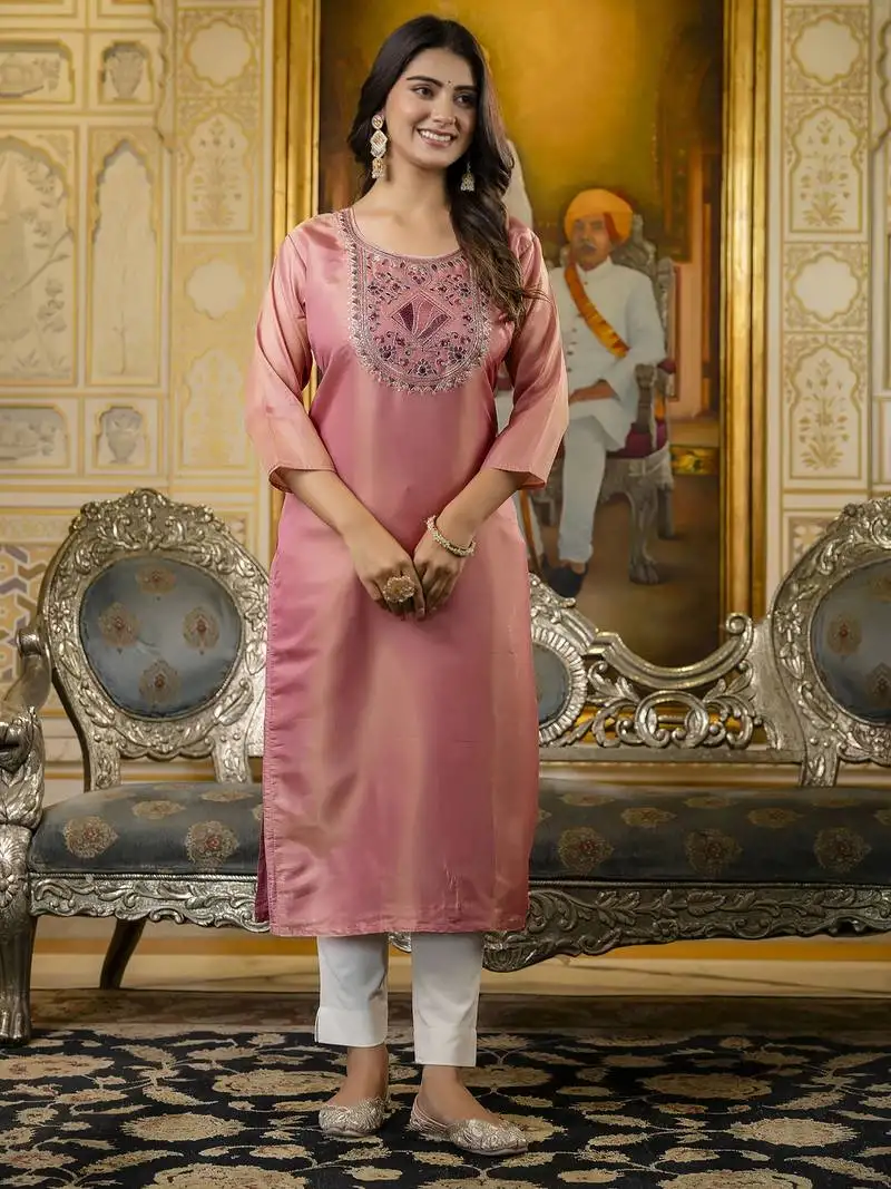 Baby pink color shimmer silk designer embroidery work readymade kurti
