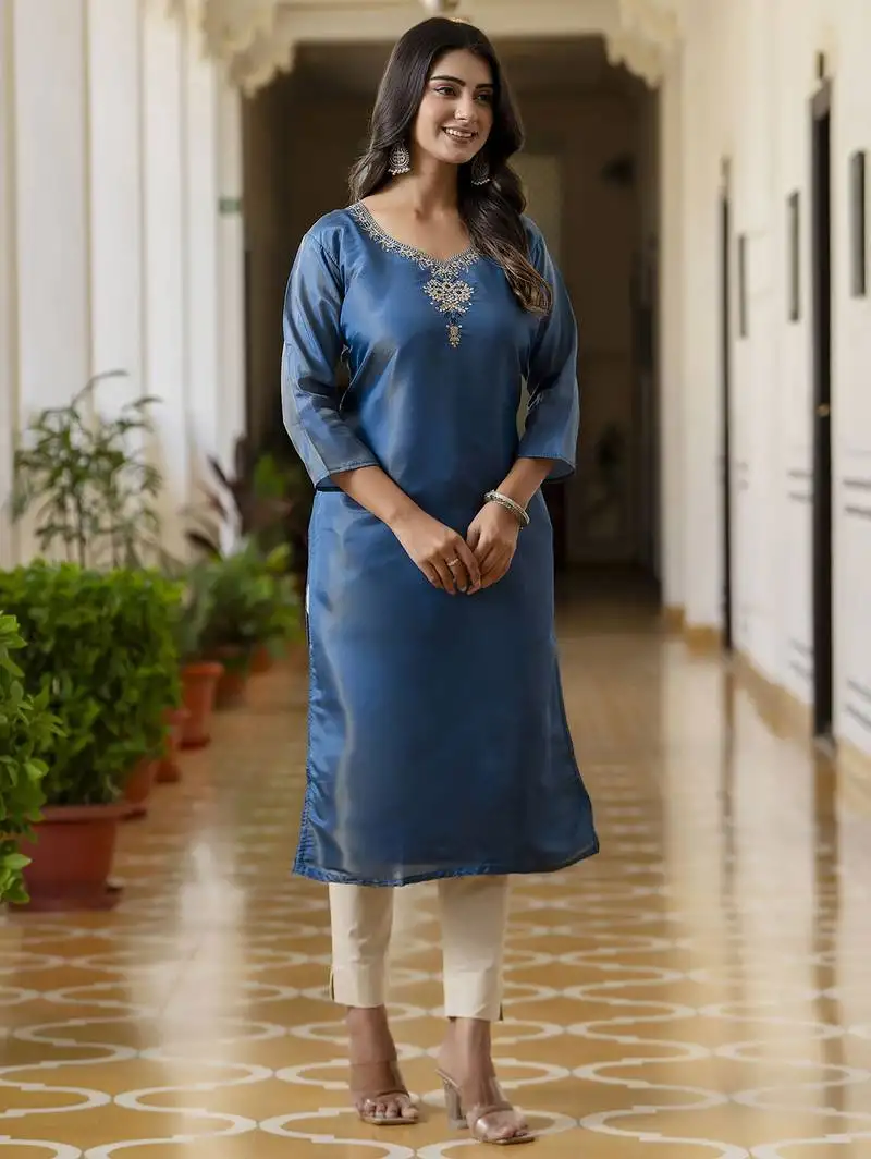 Teal color shimmer silk designer embroidery work readymade kurti