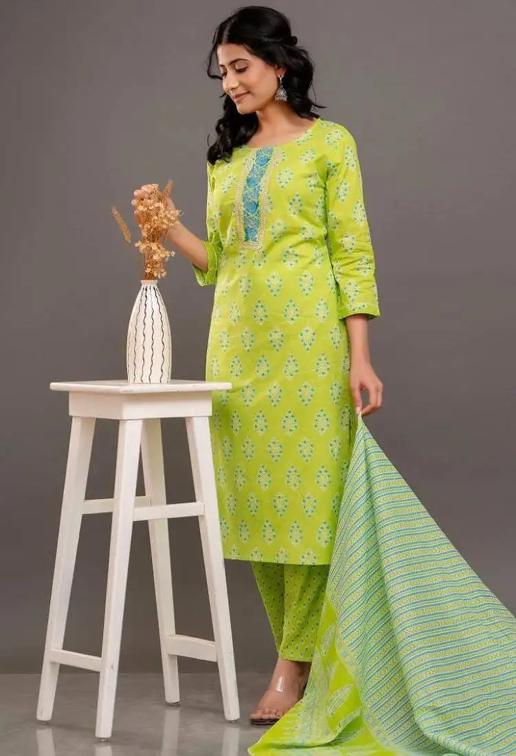 Green women embroidered floral printed aline kurta pant with dupatta set