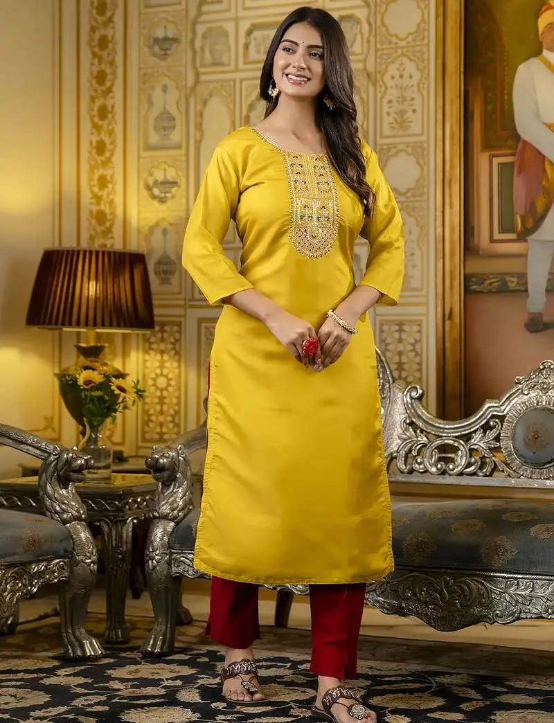 Yellow color shimmer silk designer embroidery work readymade kurti