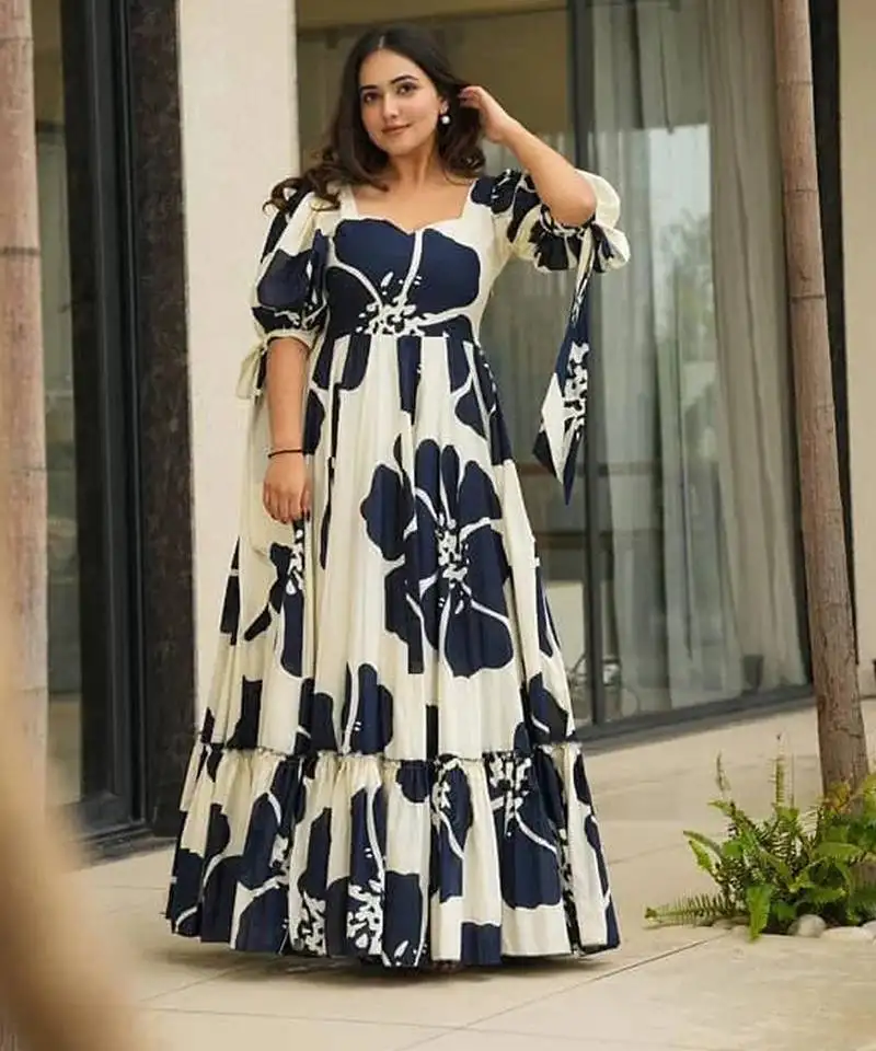 Blue color designer digital printed partywear long gown for ethnic girlie looks