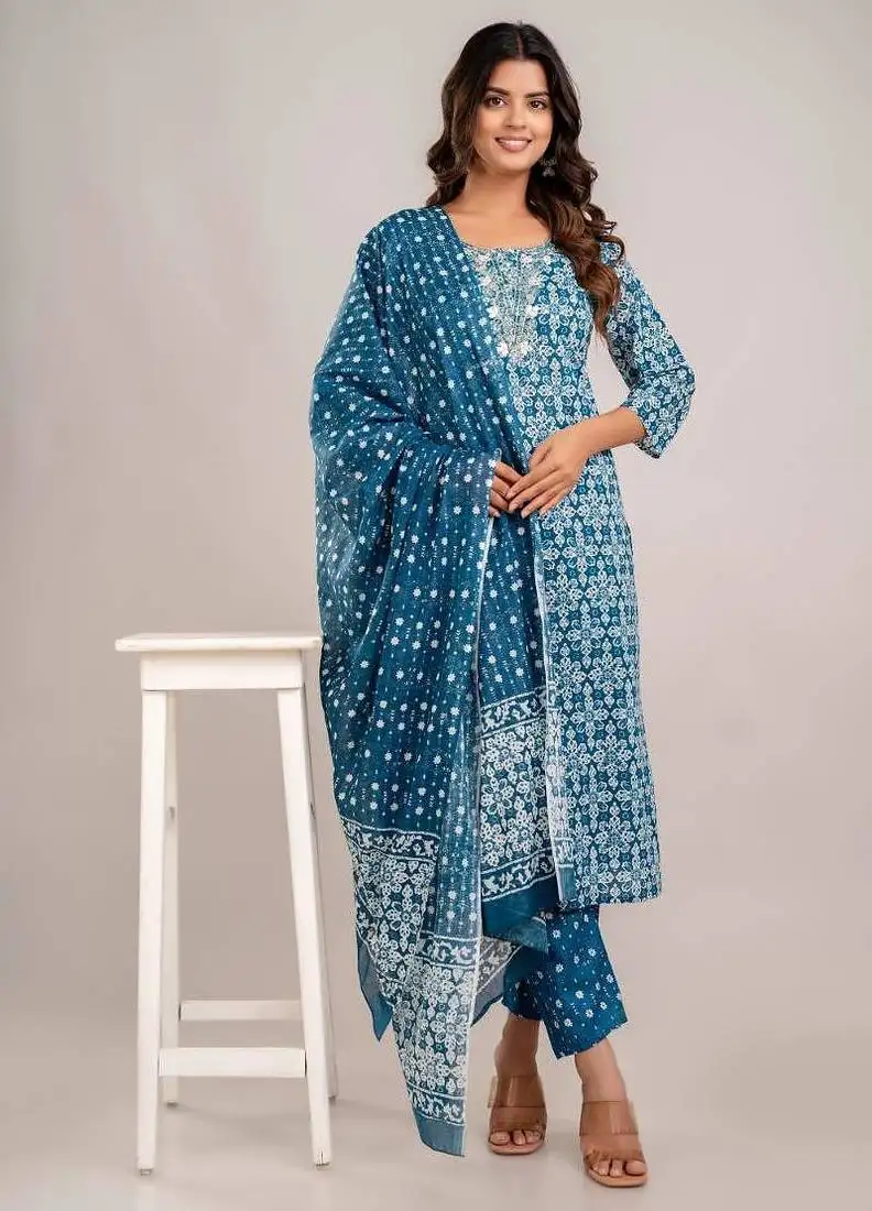 Tealblue women embroidered floral printed aline kurta pant with dupatta set
