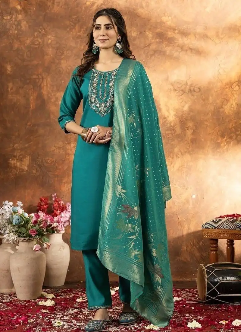 Teal colour with embroidered work marin silk kurta set for women
