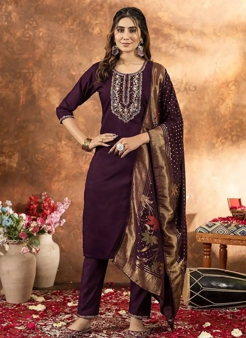 Wine colour with embroidered work marin silk kurta set for women