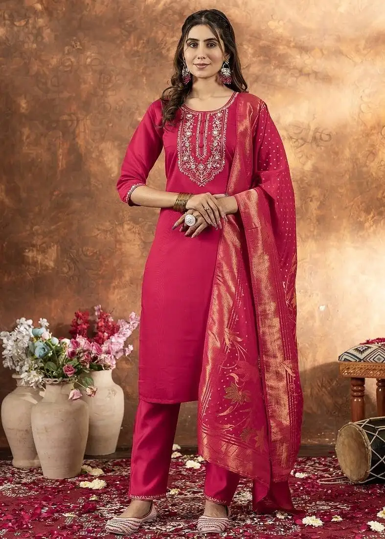 Pink colour with embroidered work marin silk kurta set for women