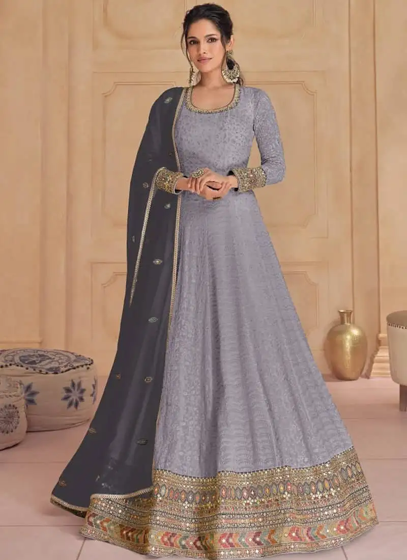 Grey embroidery & sequence work faux georgette anarkali ( full-stitched free size )