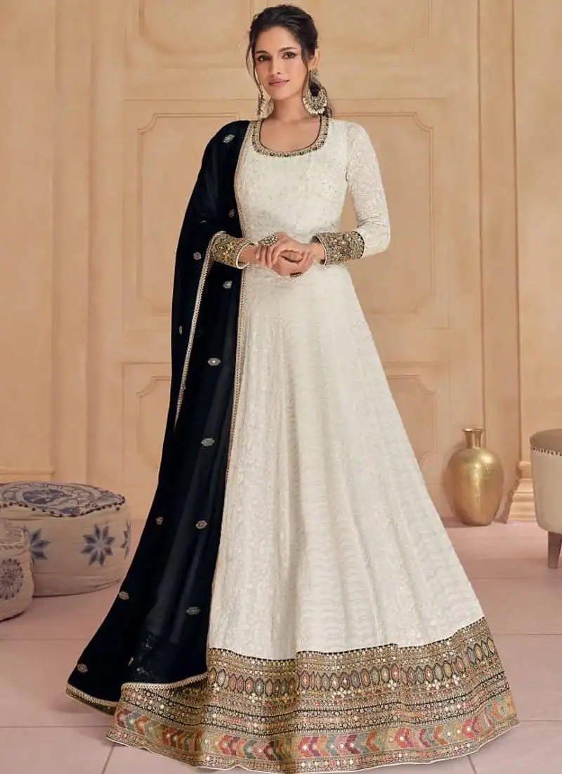 White embroidery & sequence work faux georgette anarkali ( full-stitched free size )