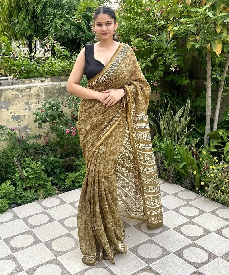 Mehendi green warli art printed chanderi cotton saree with printed blouse