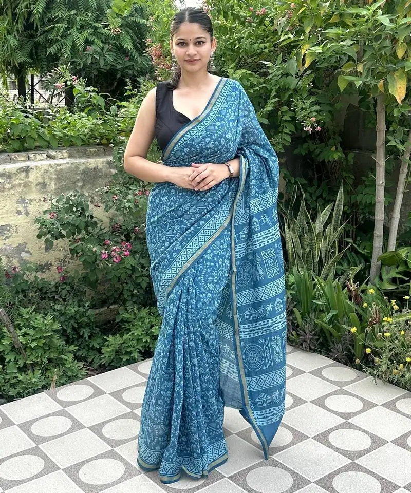 Light blue warli art printed chanderi cotton saree with printed blouse