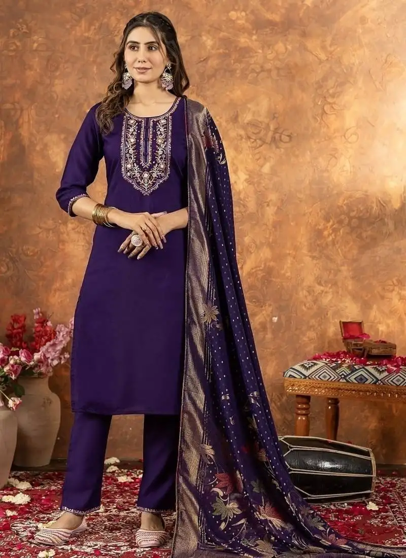 Purple colour with embroidered work marin silk kurta set for women