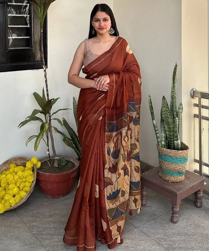 Brown bandhej print chanderi cotton saree with kalamkari printed blouse and palla