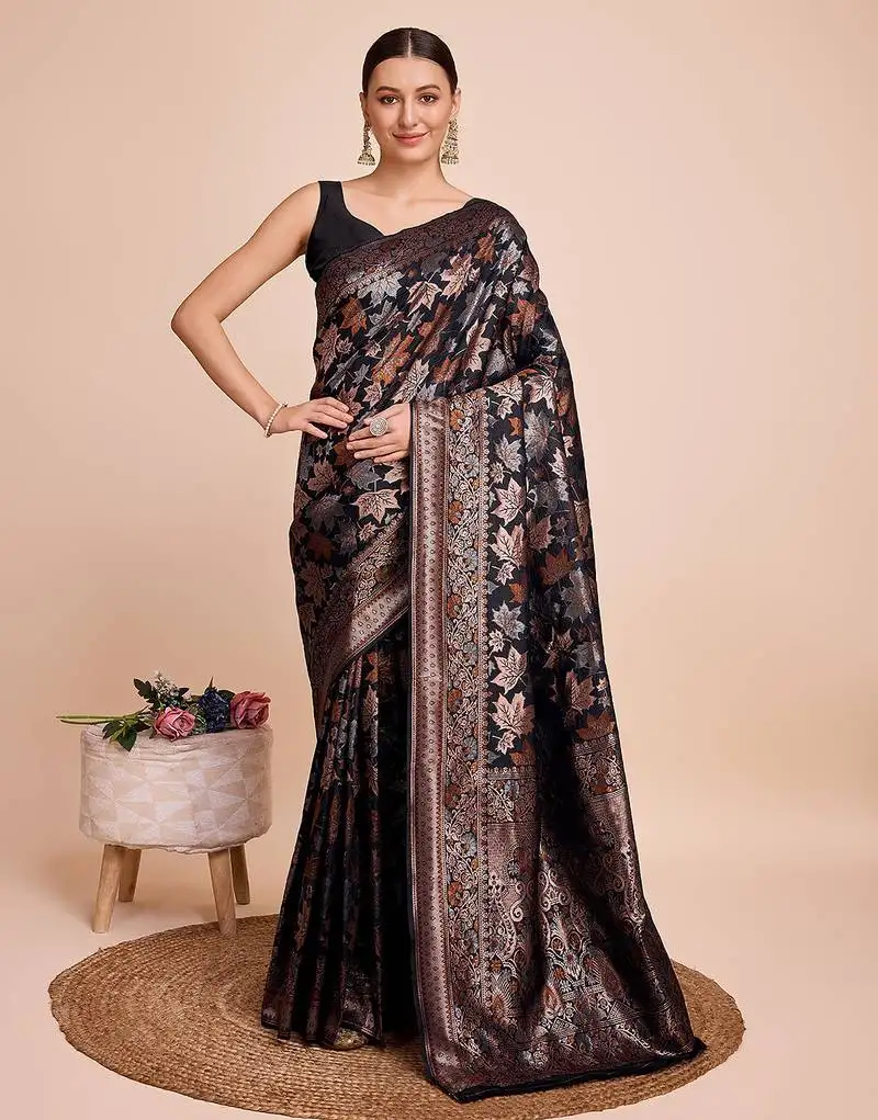 Black silk saree with double jari & gold zari border