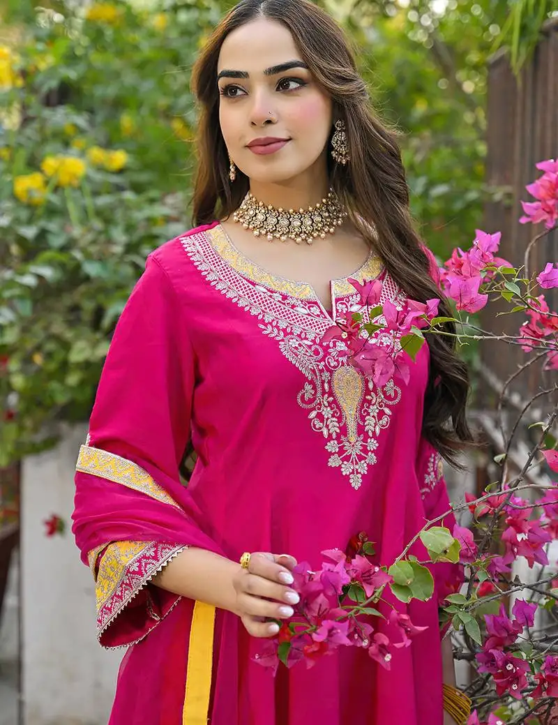 Women pink silk blend solid embroidered anarkali kurta salwar with dupatta