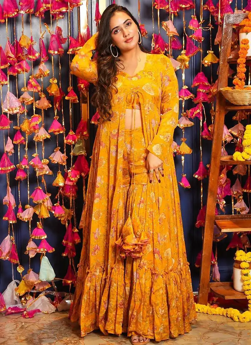 Yellow sharara suit set with crop top & shrug stitched
