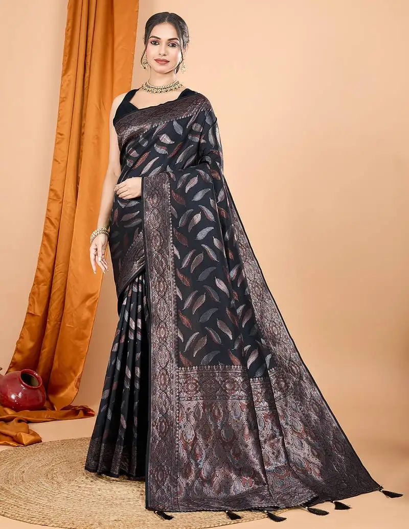 Black silk weave saree with contrast zari