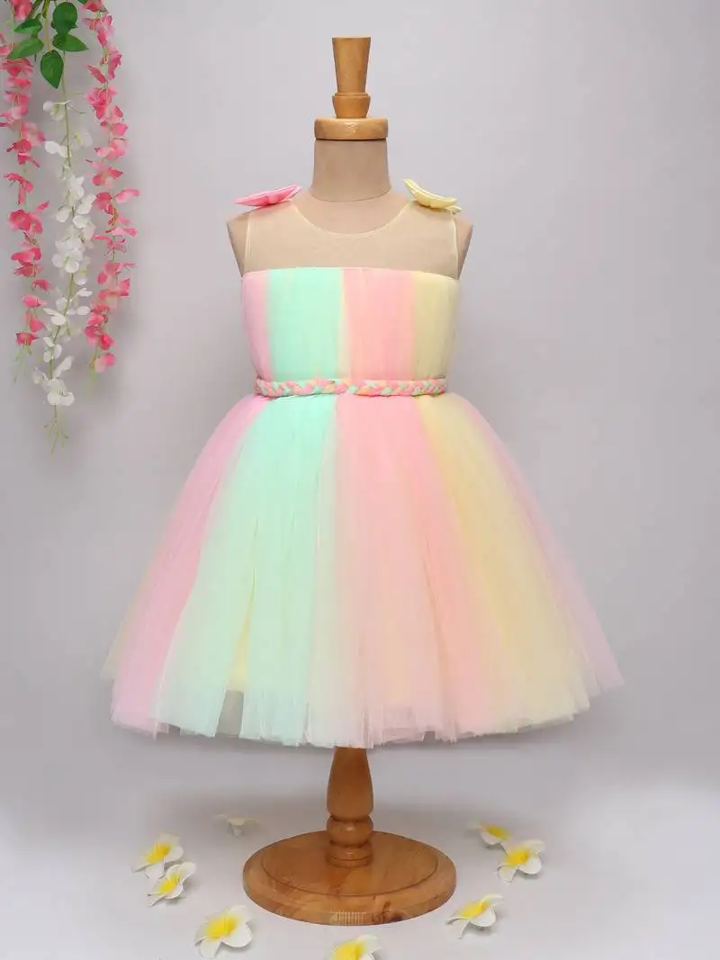 Multicolor net knee length sleeveless frock for kids