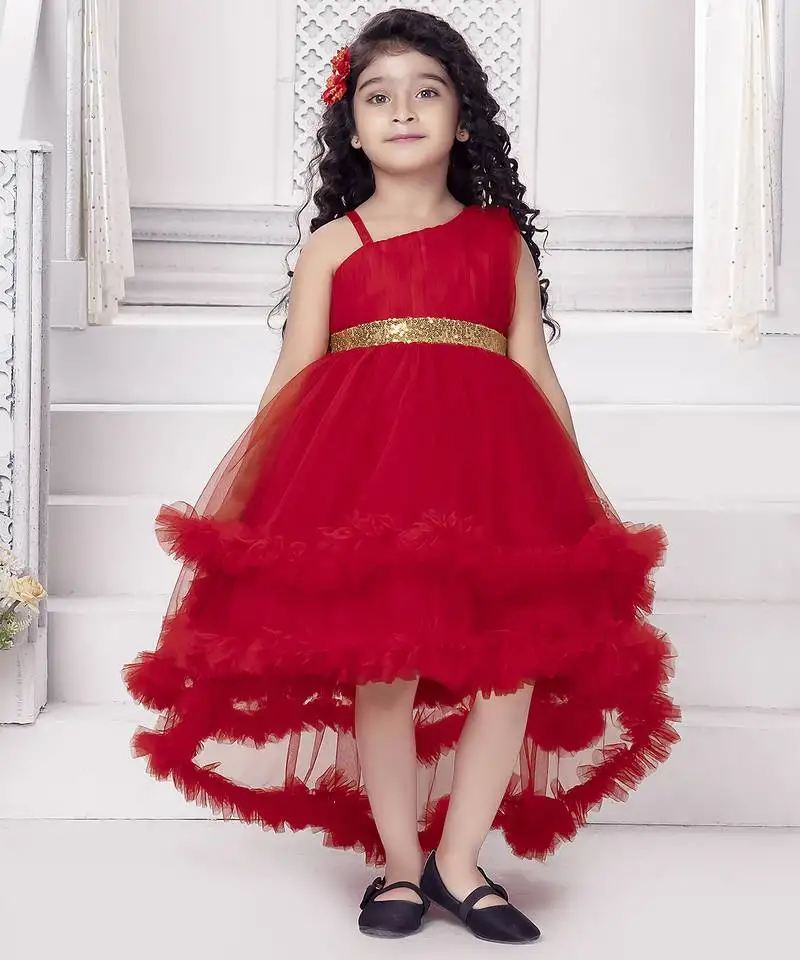 Red sequins net high low layered sleeveless frock for kids