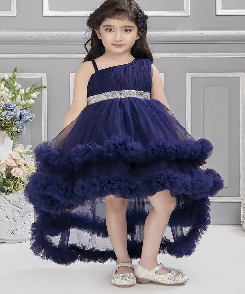 Navy blue sequins net high low layered sleeveless frock for kids