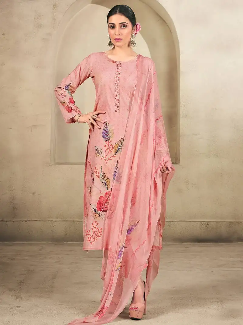 Stylee lifestyle pink cotton embroidered dress material unstitched