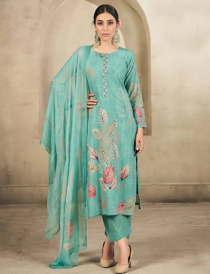 Stylee lifestyle turquoise cotton embroidered dress material unstitched