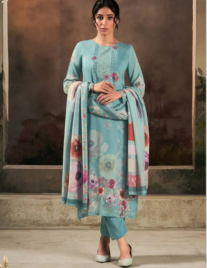 Stylee lifestyle sky blue muslin embroidered dress material unstitched
