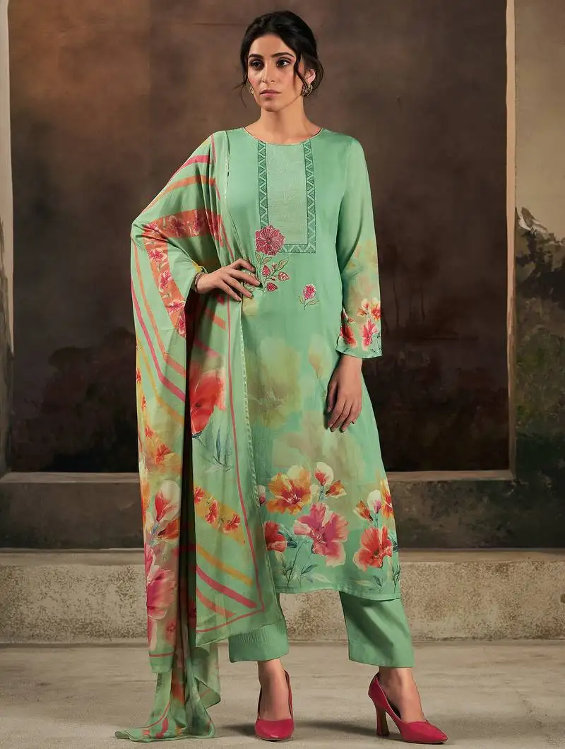 Stylee lifestyle green muslin embroidered dress material unstitched