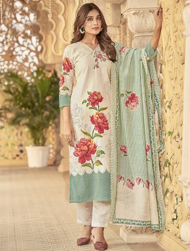 Stylee lifestyle cream muslin embroidered dress material unstitched