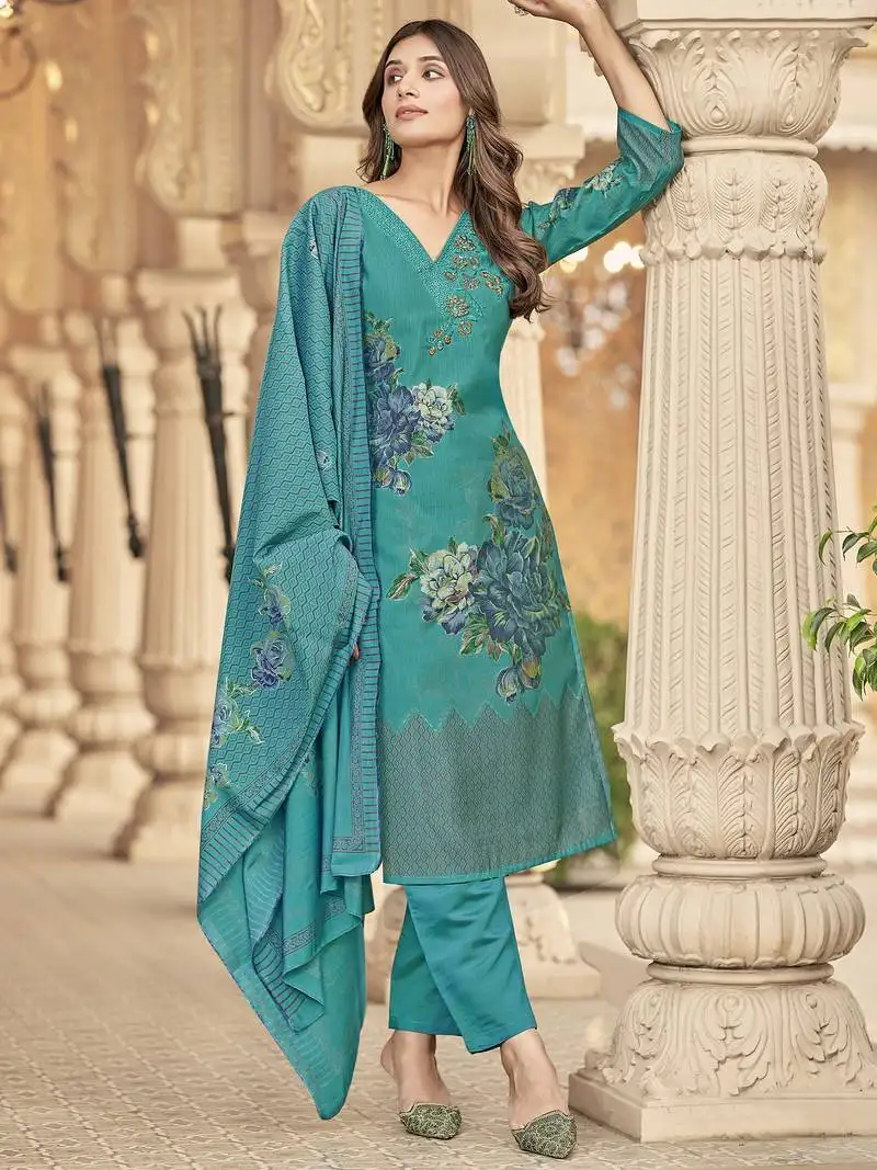 Stylee lifestyle teal muslin embroidered dress material unstitched