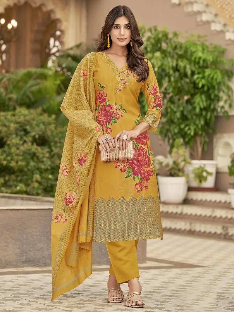 Stylee lifestyle yellow muslin embroidered dress material unstitched