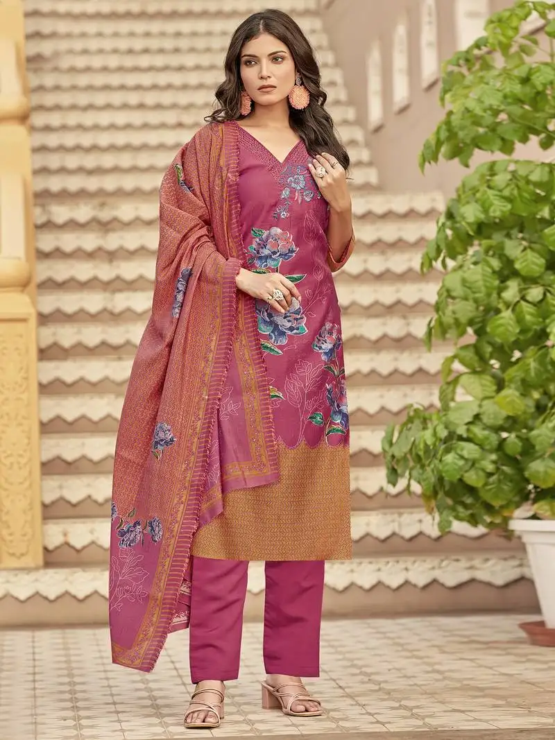 Stylee lifestyle coral muslin embroidered dress material unstitched