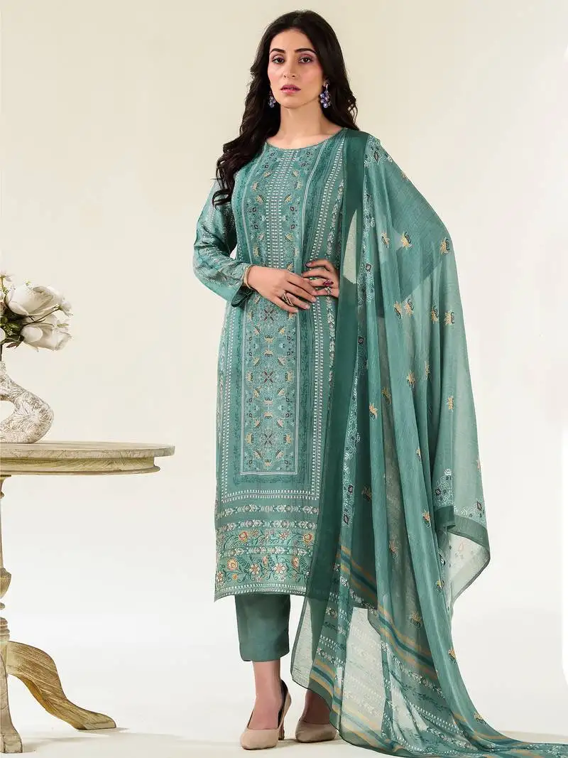 Stylee lifestyle turquoise muslin embroidered dress material unstitched