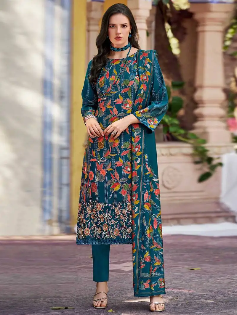 Teal muslin embroidered dress material unstitched