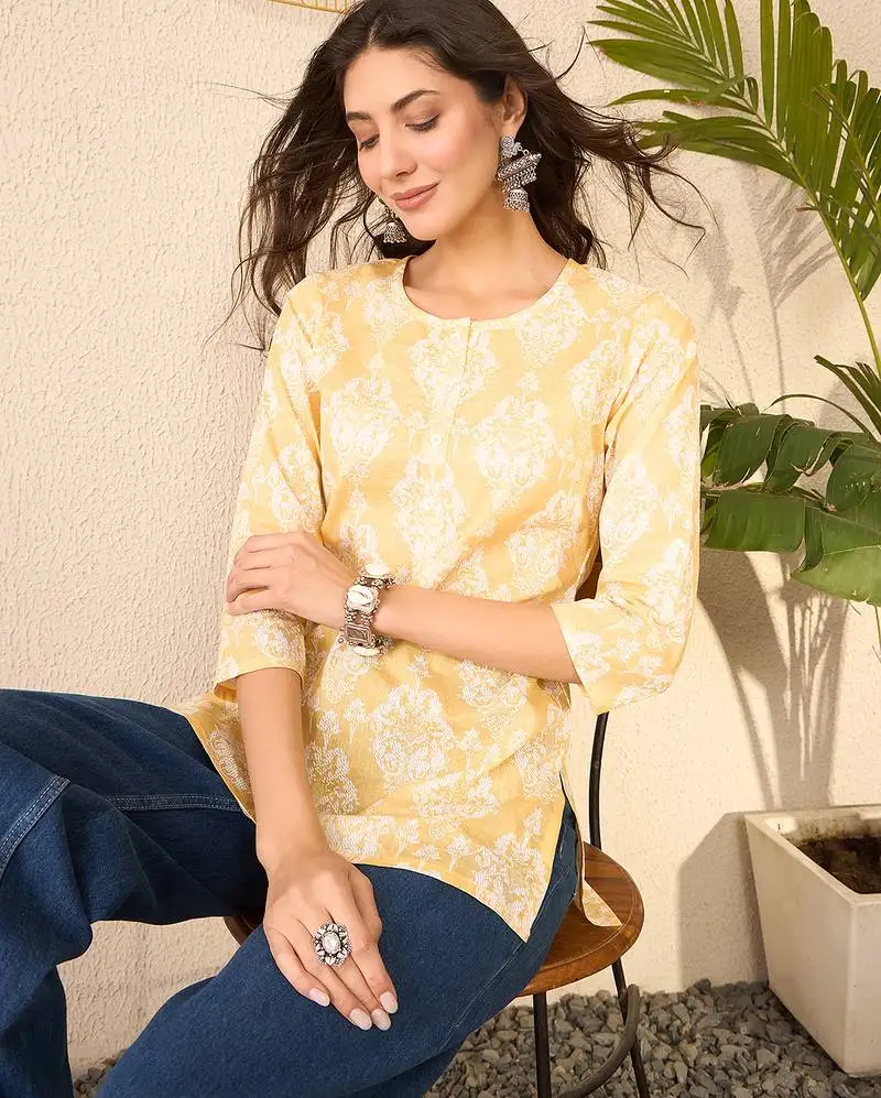 Women yellow cotton blend ethnic motifs printed regular top