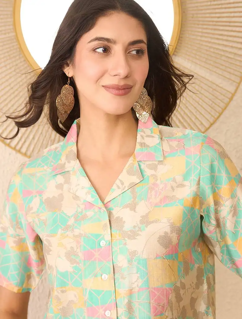 Women multi cotton blend abstract printed crop shirt style top