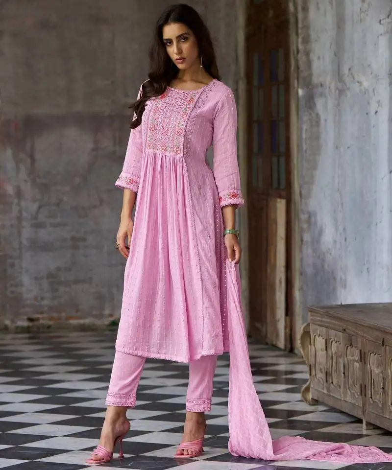 Kabila flamingo pink embroidered cotton kurta sets