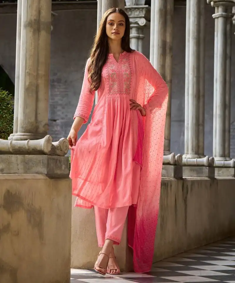 Kabila apricot peach embroidered cotton kurta sets