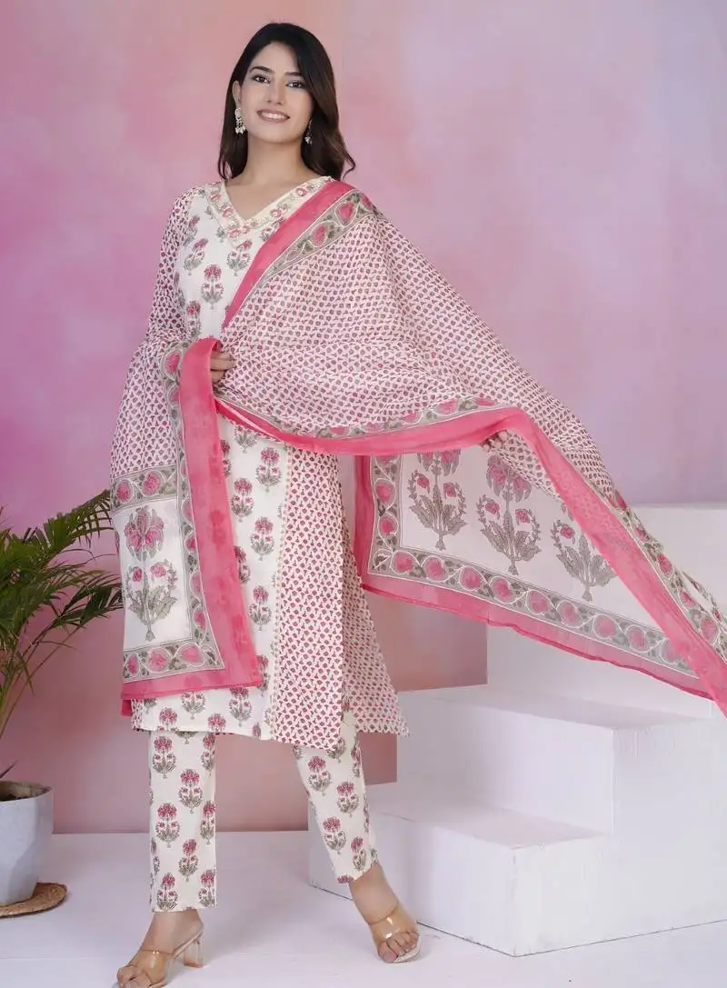Tanvi pearl light white printed cotton kurta sets