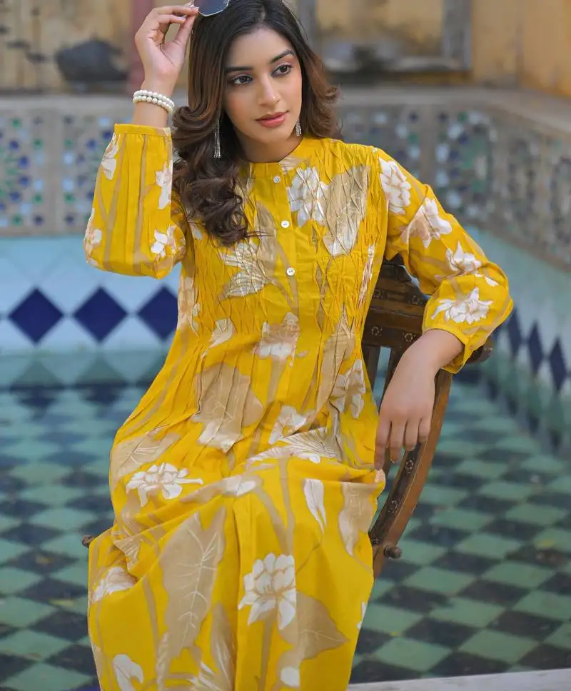 Yutika amber dark yellow printed cotton kurta sets