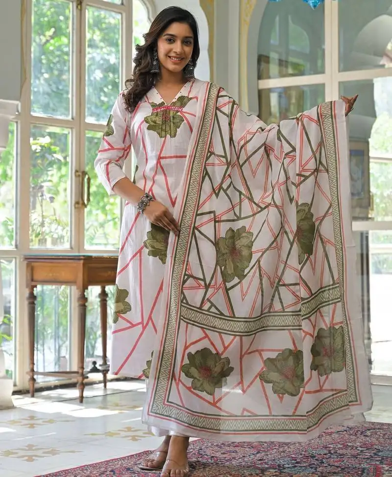 Yutika fern green printed cotton kurta sets