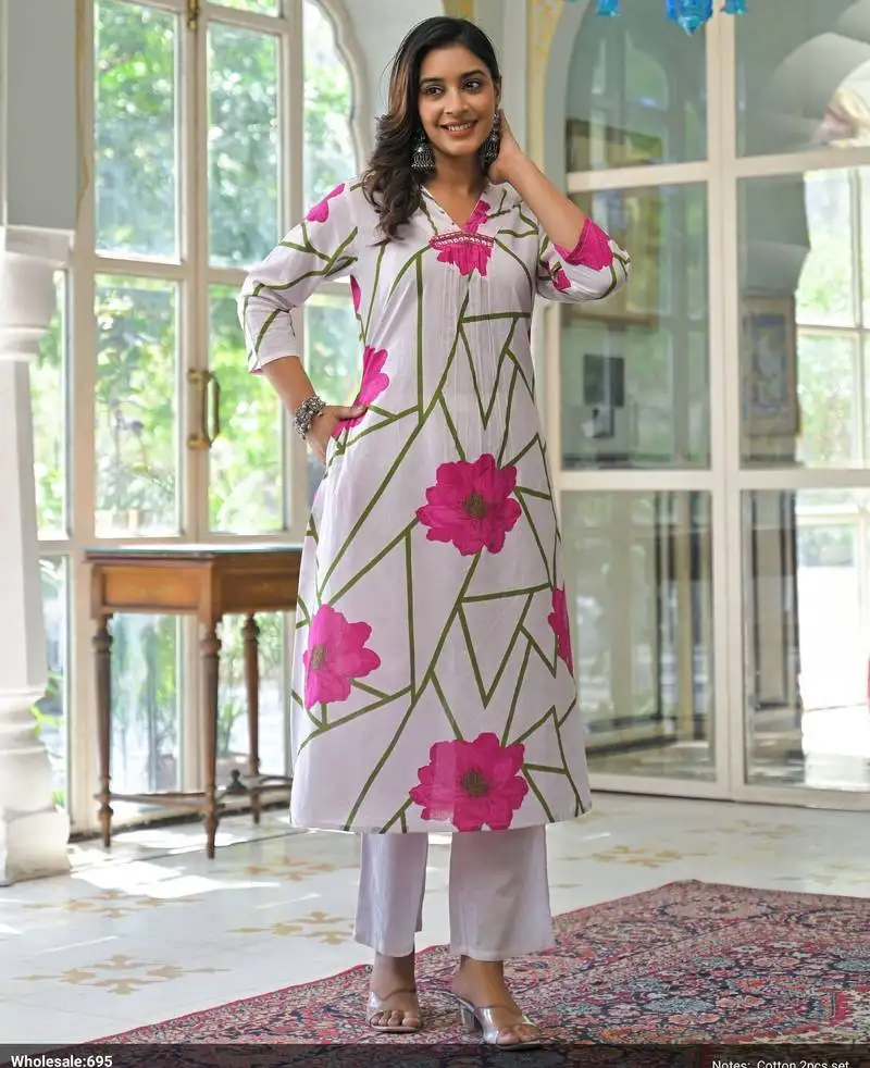 Yutika rose pink printed cotton kurta sets
