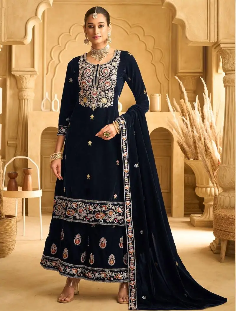 Navy blue embroidered velvet semi-palazzo style salwar suit semi stitched