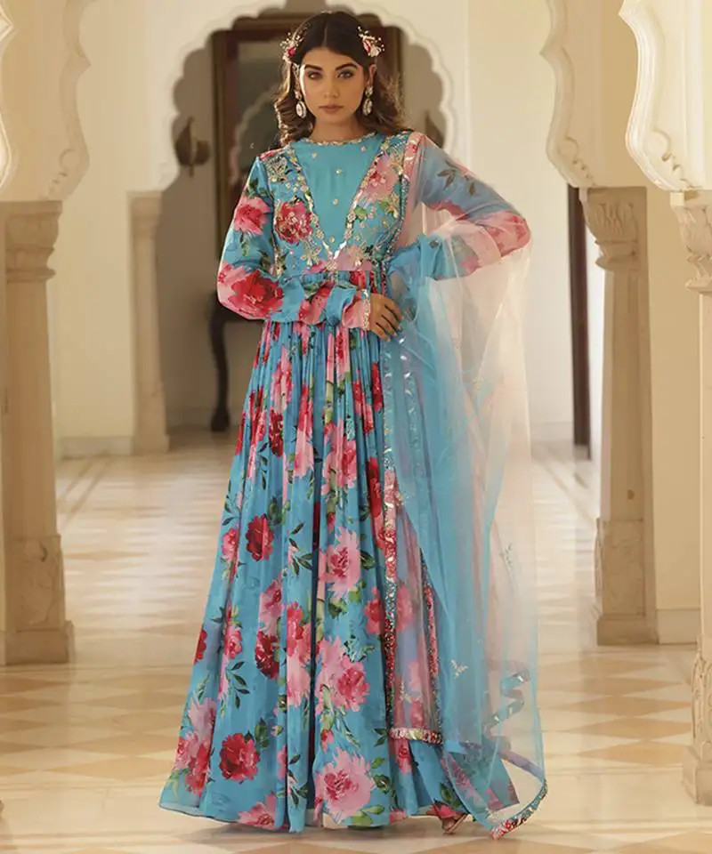 Blue chiffon floral printed embroidered anarkali