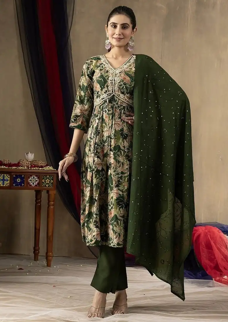 Green colour with embroidered work marin silk kurta set for women