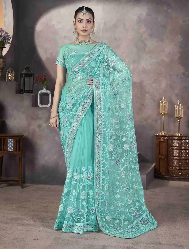 Sea green thread embroidered butterfly net saree