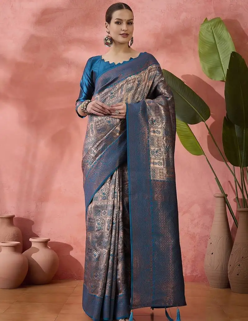 Teal woven jari silk blended saree