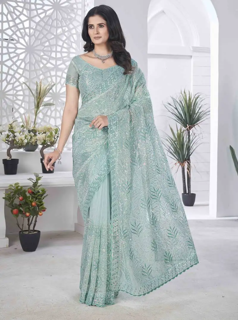Sea green tissue net sequin multi thread embroidered saree with cut work